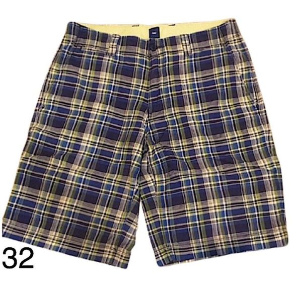 GAP Mens Navy Green Tan Longer Length Plaid Shorts Sz 32 - Picture 1 of 10